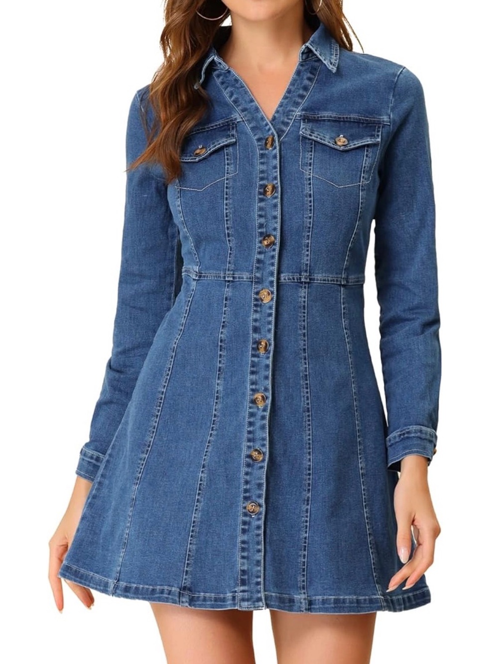 Allegra K Blue Denim Long Sleeve Shirt Dress